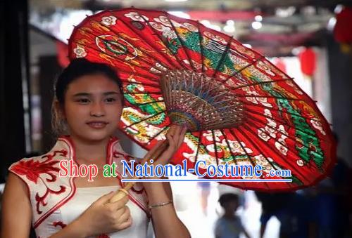 Chinese Handmade Printing Dragon Phoenix Red Oil Paper Umbrella Traditional Decoration Umbrellas