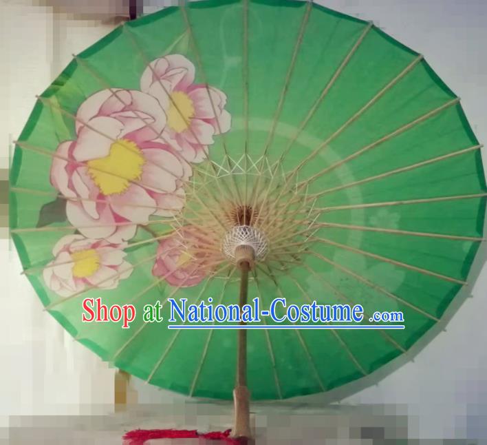 Chinese Handmade Printing Peony Green Oil Paper Umbrella Traditional Decoration Umbrellas