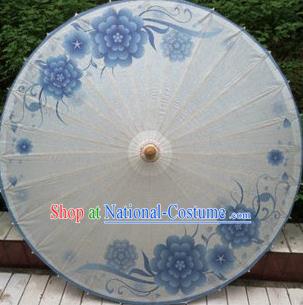 Chinese Classical Dance Handmade Printing Blue Flowers Paper Umbrella Traditional Decoration Umbrellas