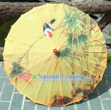 Handmade Chinese Classical Dance Printing Bamboo Bird Yellow Paper Umbrella Traditional Cosplay Decoration Umbrellas