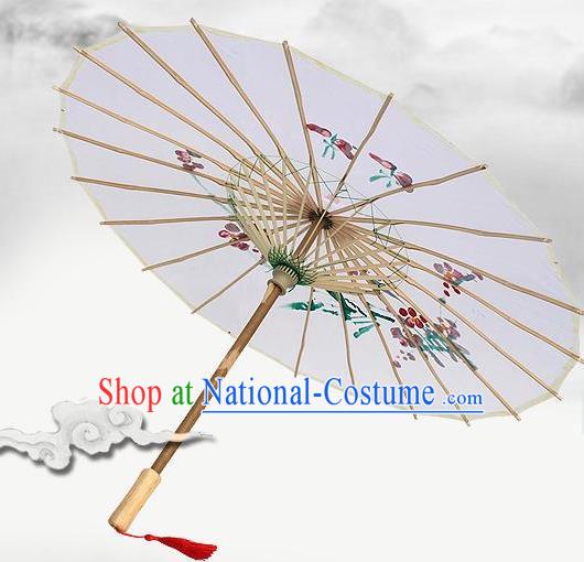 Handmade Chinese Classical Dance Printing Plum White Silk Umbrella Traditional Cosplay Decoration Umbrellas