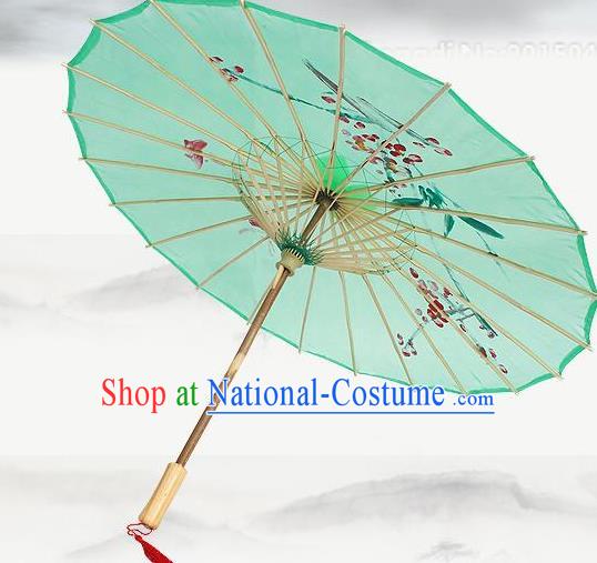 Handmade Chinese Classical Dance Printing Plum Green Silk Umbrella Traditional Cosplay Decoration Umbrellas