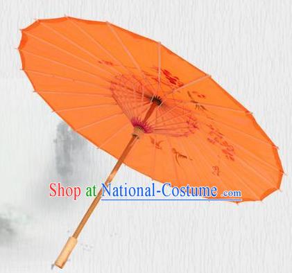 Handmade Chinese Printing Flowers Butterfly Orange Silk Umbrella Traditional Classical Dance Decoration Umbrellas