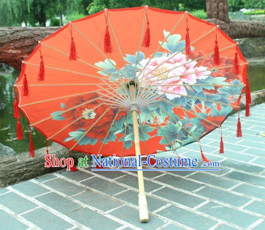 Handmade Chinese Printing Peony Red Tassel Silk Umbrella Traditional Classical Dance Decoration Umbrellas