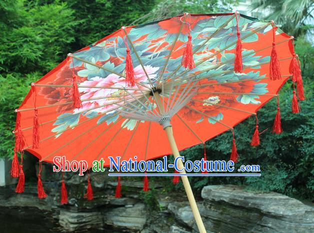 Handmade Chinese Printing Peony Red Tassel Silk Umbrella Traditional Classical Dance Decoration Umbrellas