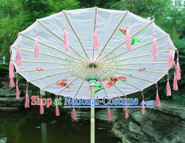 Handmade Chinese Printing Flowers Pink Tassel Silk Umbrella Traditional Classical Dance Decoration Umbrellas