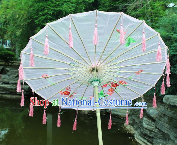 Handmade Chinese Printing Flowers Pink Tassel Silk Umbrella Traditional Classical Dance Decoration Umbrellas