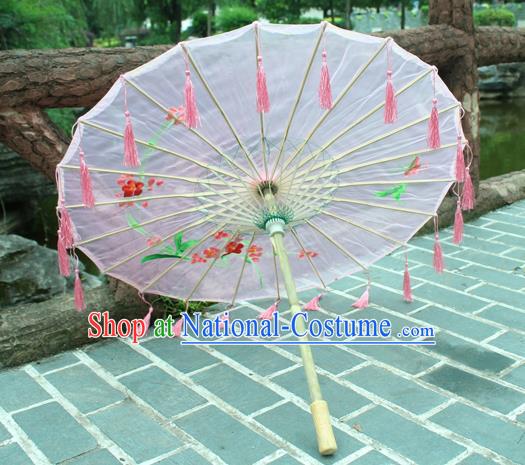 Handmade Chinese Printing Flowers Pink Tassel Silk Umbrella Traditional Classical Dance Decoration Umbrellas