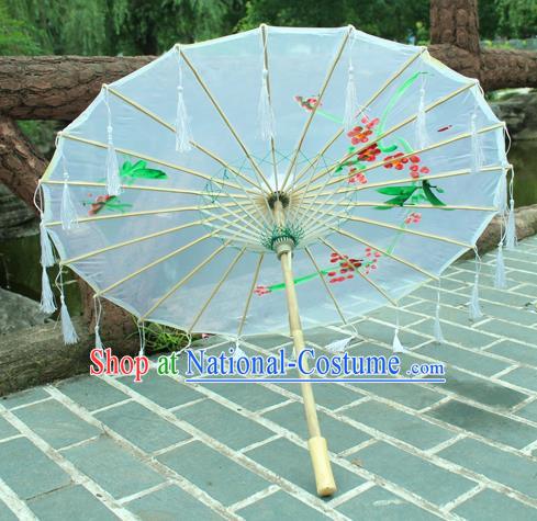 Handmade Chinese Printing Flowers White Tassel Silk Umbrella Traditional Classical Dance Decoration Umbrellas