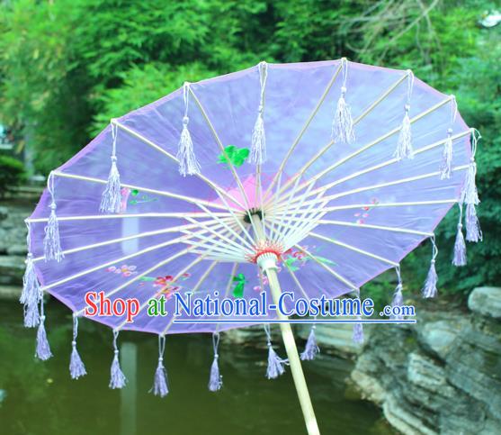 Handmade Chinese Printing Flowers Purple Tassel Silk Umbrella Traditional Classical Dance Decoration Umbrellas