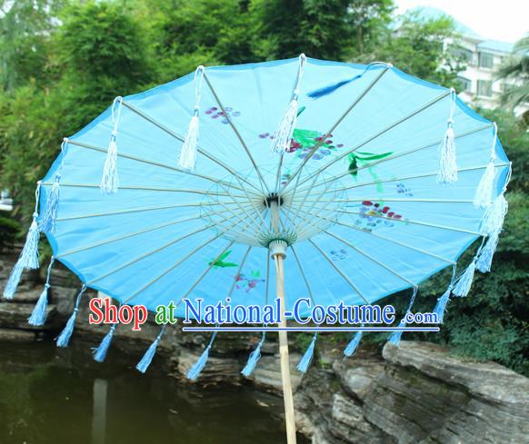 Handmade Chinese Printing Flowers Blue Tassel Silk Umbrella Traditional Classical Dance Decoration Umbrellas