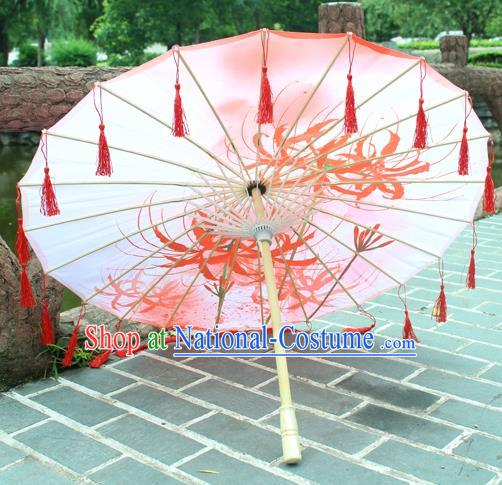 Handmade Chinese Printing Manjusaka Red Tassel Silk Umbrella Traditional Classical Dance Decoration Umbrellas