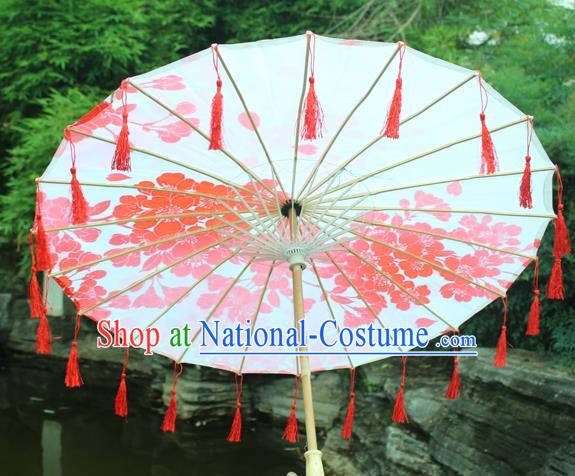 Handmade Chinese Printing Plum Blossom Red Tassel Silk Umbrella Traditional Classical Dance Decoration Umbrellas