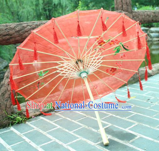 Handmade Chinese Printing Red Tassel Silk Umbrella Traditional Classical Dance Decoration Umbrellas