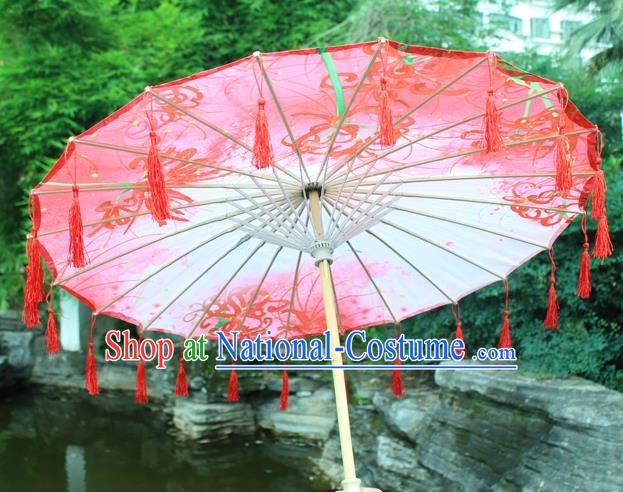 Handmade Chinese Printing Red Manjusaka Tassel Silk Umbrella Traditional Classical Dance Decoration Umbrellas