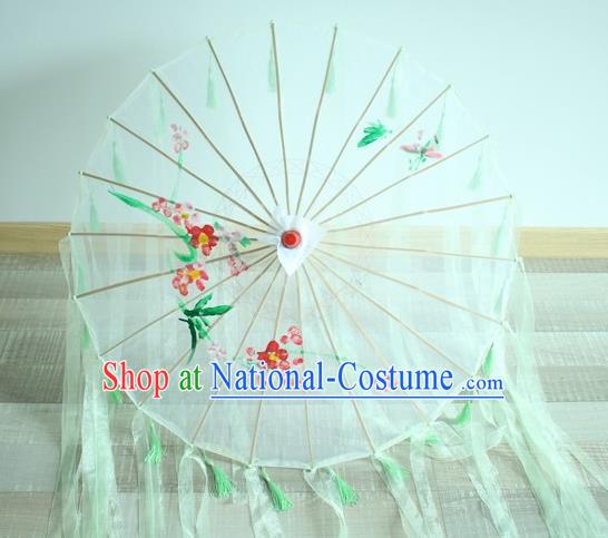 Handmade Chinese Printing Flowers Green Ribbon Silk Umbrella Traditional Classical Dance Decoration Umbrellas