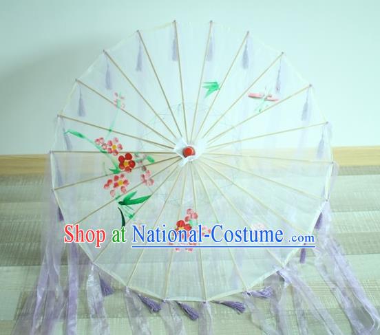 Handmade Chinese Printing Flowers Purple Ribbon Silk Umbrella Traditional Classical Dance Decoration Umbrellas