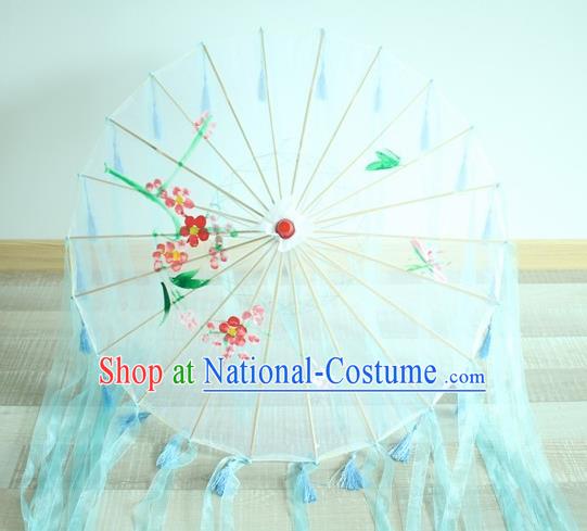 Handmade Chinese Printing Flowers Blue Ribbon Silk Umbrella Traditional Classical Dance Decoration Umbrellas