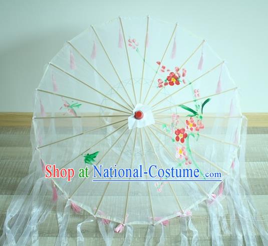 Handmade Chinese Printing Flowers White Ribbon Silk Umbrella Traditional Classical Dance Decoration Umbrellas