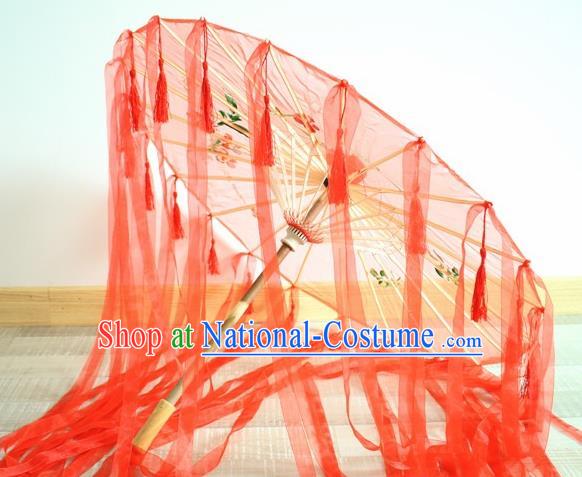 Handmade Chinese Printing Flowers Red Ribbon Silk Umbrella Traditional Classical Dance Decoration Umbrellas