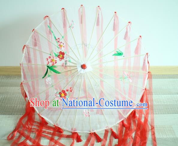 Handmade Chinese Red Ribbon Silk Umbrella Traditional Classical Dance Decoration Umbrellas