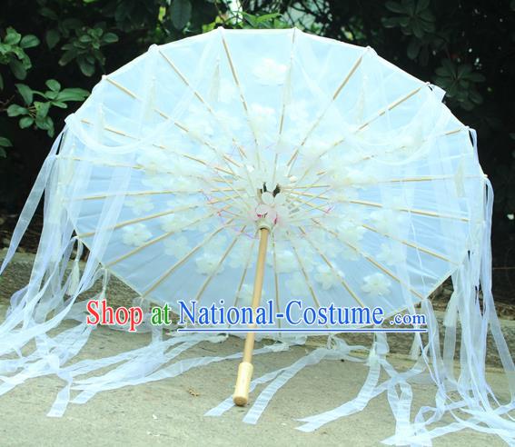 Handmade Chinese White Flowers Ribbon Silk Umbrella Traditional Classical Dance Decoration Umbrellas