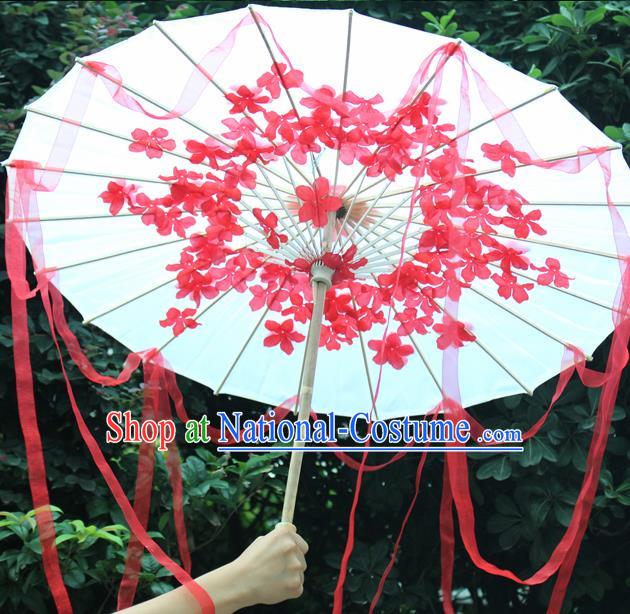 Handmade Chinese Red Flowers Ribbon Silk Umbrella Traditional Classical Dance Decoration Umbrellas