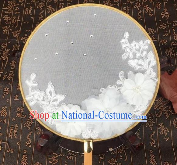 Handmade Chinese Classical Hanfu White Flowers Silk Round Fan Traditional Palace Fans