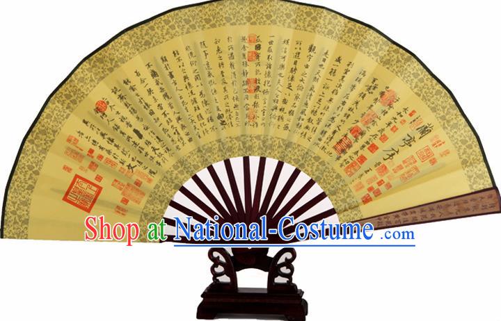 Chinese Handmade Painting Calligraphy Lan Ting Preface Yellow Fans Accordion Fan Traditional Decoration Folding Fan