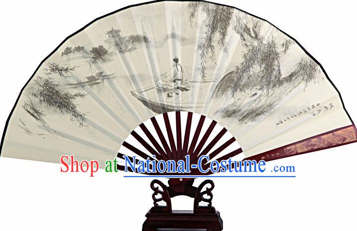 Chinese Handmade Painting Boat White Fans Accordion Fan Traditional Decoration Folding Fan