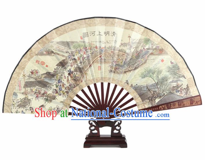 Chinese Handmade Painting Riverside Scene at Qingming Festival Fans Accordion Fan Traditional Decoration Folding Fan