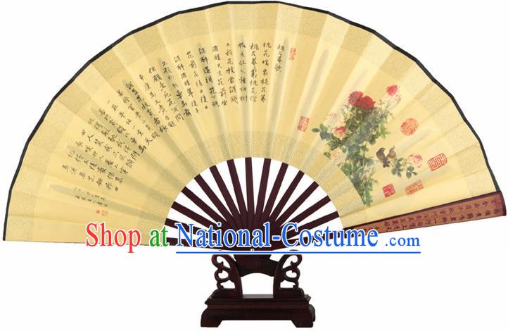 Chinese Handmade Painting Peony Yellow Fans Accordion Fan Traditional Decoration Folding Fan