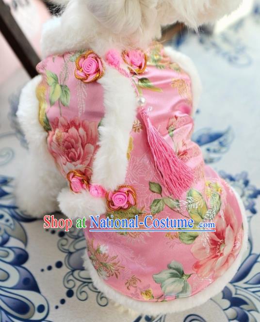 Traditional Asian Chinese Winter Dog Pink Brocade Costumes for New Year