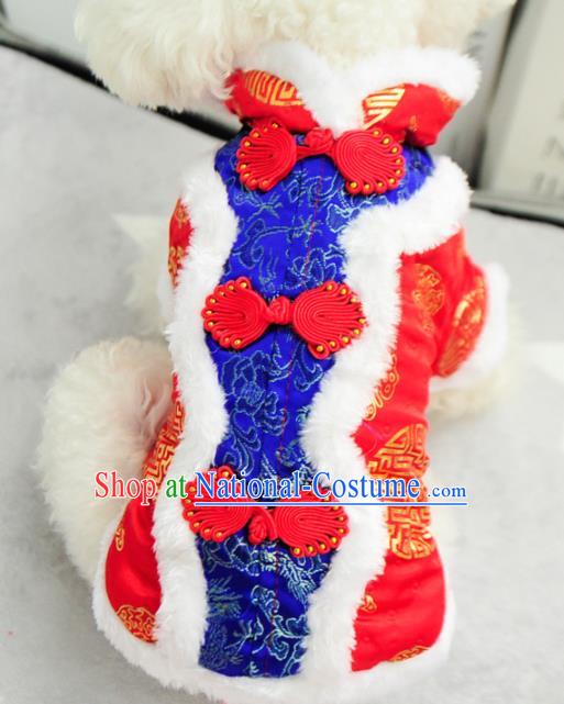 Traditional Asian Chinese Pets Clothing Dog Winter Brushed Royalblue Costumes for New Year