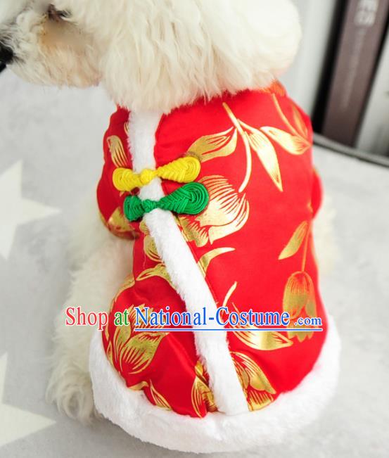 Traditional Asian Chinese Pets Clothing Dog Winter Brushed Printing Tulip Red Costumes for New Year