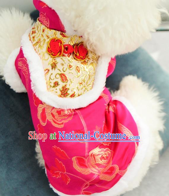 Traditional Asian Chinese Pets Clothing Dog Winter Brushed Printing Rose Rosy Costumes for New Year