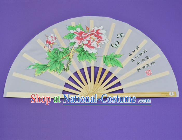 Chinese Handmade Printing Peony White Kung Fu Fans Accordion Fan Traditional Decoration Folding Fan