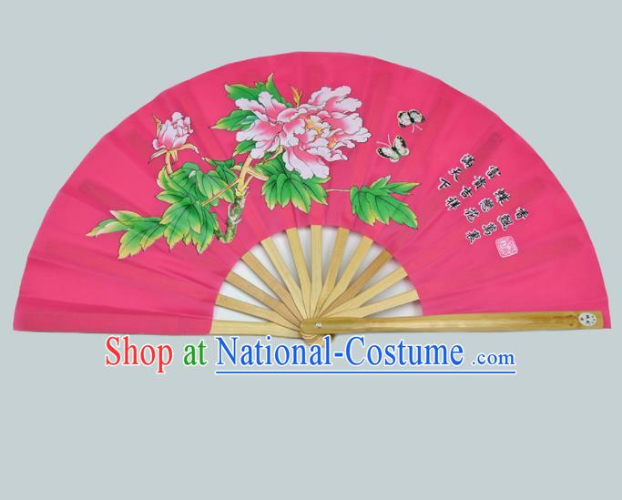 Chinese Handmade Printing Peony Rosy Kung Fu Fans Accordion Fan Traditional Decoration Folding Fan