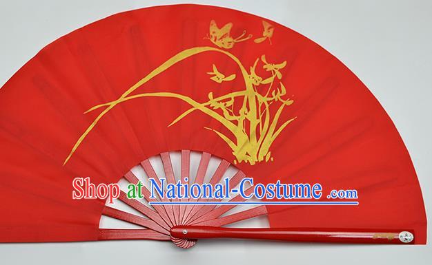 Chinese Handmade Printing Orchid Red Kung Fu Fans Accordion Fan Traditional Decoration Folding Fan