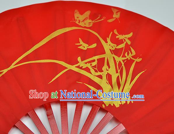 Chinese Handmade Printing Orchid Red Kung Fu Fans Accordion Fan Traditional Decoration Folding Fan