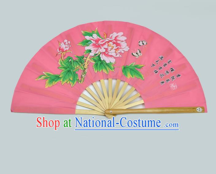 Chinese Handmade Printing Peony Pink Kung Fu Fans Accordion Fan Traditional Decoration Folding Fan