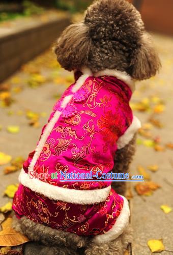 Traditional Asian Chinese Pets Clothing Dog Winter Rosy Brocade Costumes for New Year