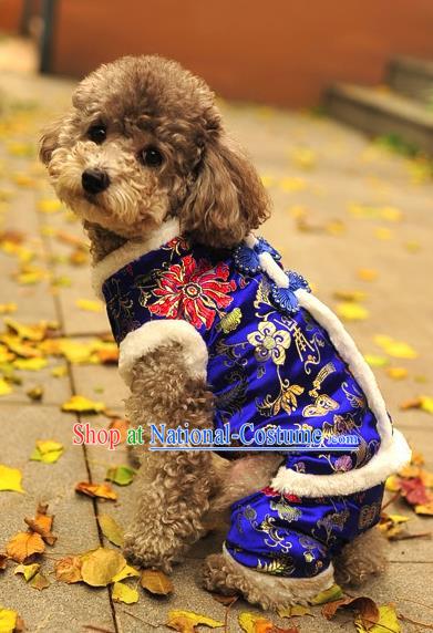 Traditional Asian Chinese Pets Clothing Dog Winter Royalblue Brocade Costumes for New Year