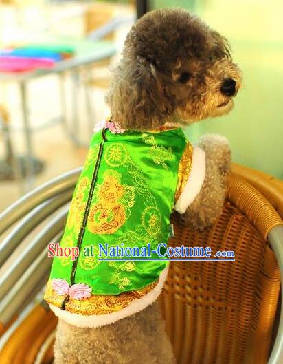 Traditional Asian Chinese Pets Clothing Dog Winter Green Brocade Costumes for New Year