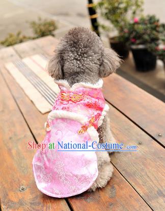 Traditional Asian Chinese Pets Clothing Dog Winter Pink Brocade Costumes for New Year