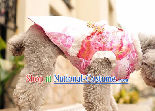 Traditional Asian Chinese Pets Clothing Dog Winter Pink Brocade Costumes for New Year