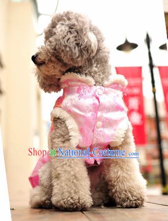 Traditional Asian Chinese Pets Clothing Dog Winter Pink Brocade Costumes for New Year