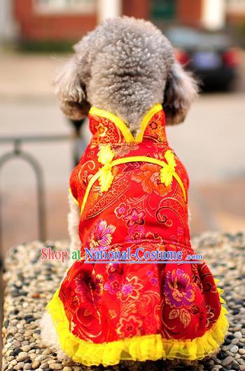 Traditional Asian Chinese Pets Clothing Dog Winter Red Brocade Dress Costumes for New Year