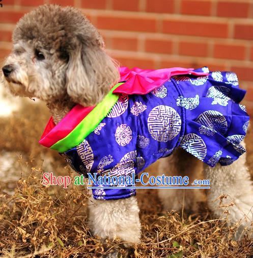 Traditional Asian Chinese Pets Clothing Dog Winter Royalblue Brocade Dress Costumes for New Year