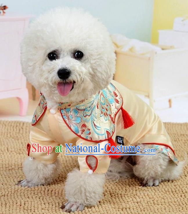 Traditional Asian Chinese Pets Winter Clothing Dog Beige Satin Costumes for New Year Spring Festival